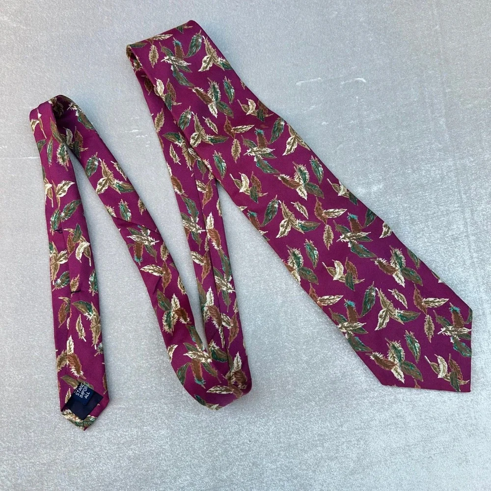 D Dann's Mens Silk Tie Wine Purple Burgundy Leaf Pattern 55